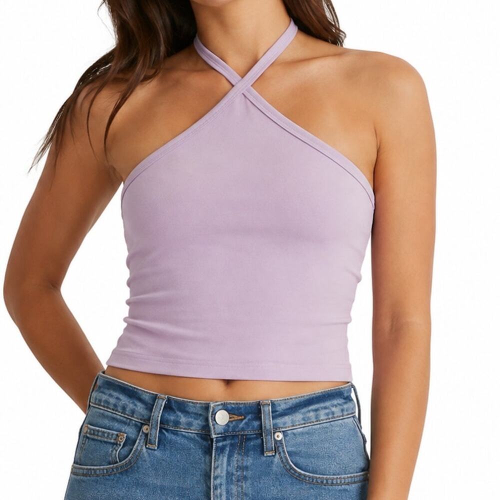Madewell Supima Rib Halter Tank Top Vibrant Lilac Purple Cropped Womens M